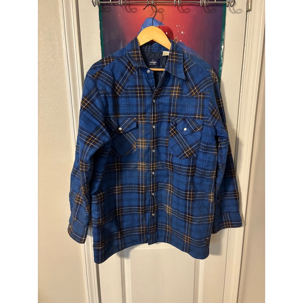 Wrangler Mens Blue Plaid Flannel Lined Western Shirt Snap Buttons Size L 80s
